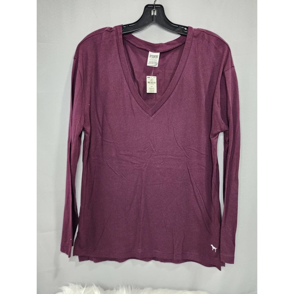 Victoria's Secret PINK V Neck Long Sleeve Rainbow Logo Campus Tee Small NEW - Picture 2 of 6